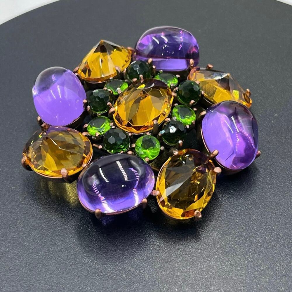 Vintage Signed JOAN RIVERSPurple‎ Cabochon InvertedYellow & Green Stones Brooch
